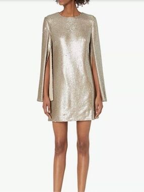 Dress the Population Liza Gold Sequin Cape Mini Dress Sand Multi S